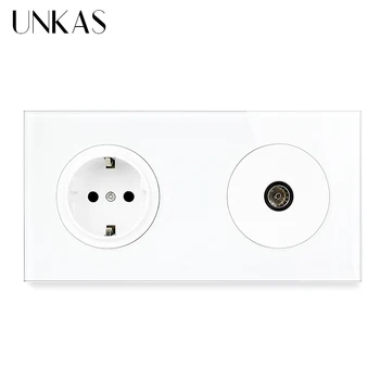

UNKAS 2 Gang Crystal Tempered Pure Glass Panel EU Standard Wall Socket + Female TV Connector 172*86mm