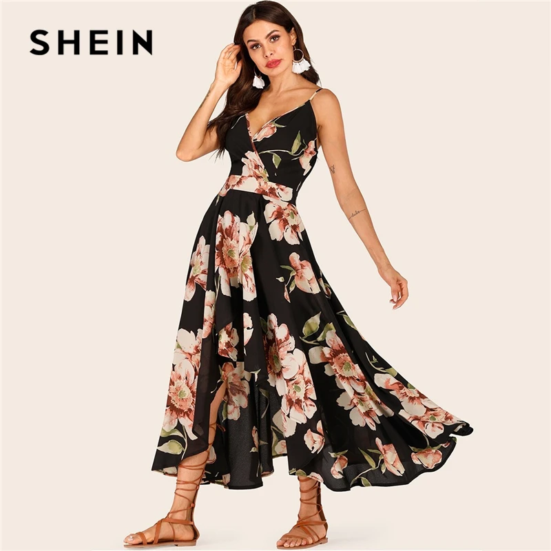 SHEIN сексуальное платье на бретельках с принтом в виде тюльпанов, женские платья без рукавов, летние платья с высокой талией
