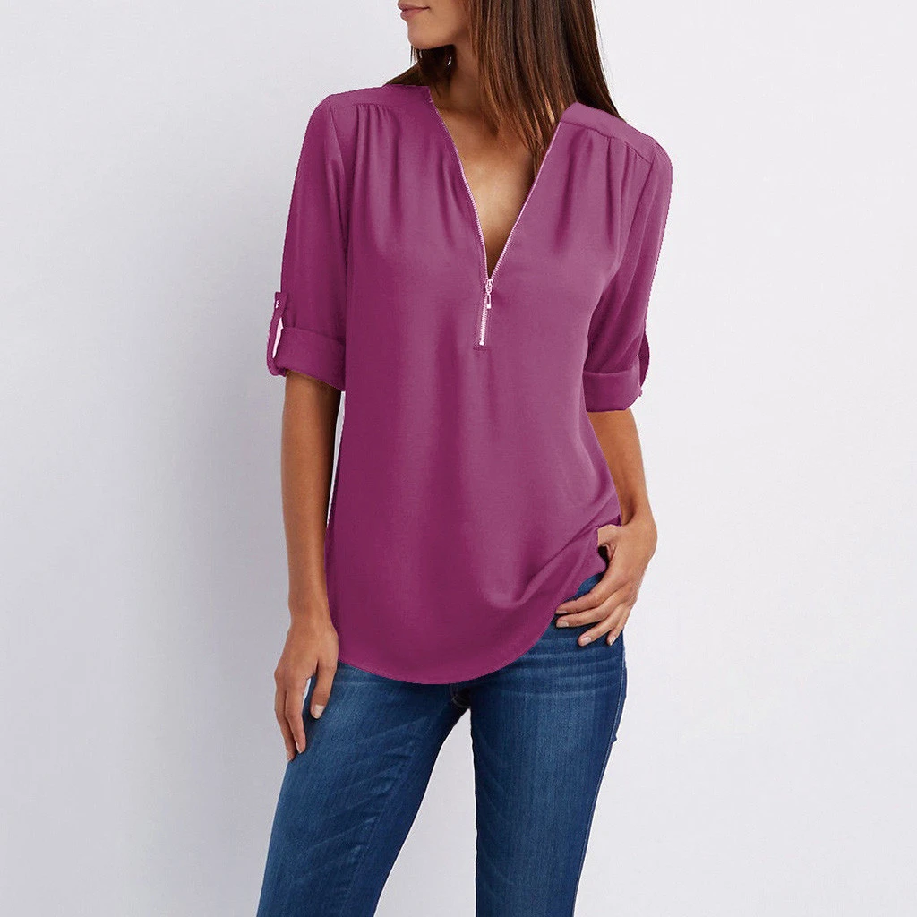 vistazo partícula Incorrecto Blusa informal de Color liso con cremallera para mujer, camisa con cuello, Color  morado, blanco, rosa, verde y naranja|Blusas y camisas| - AliExpress