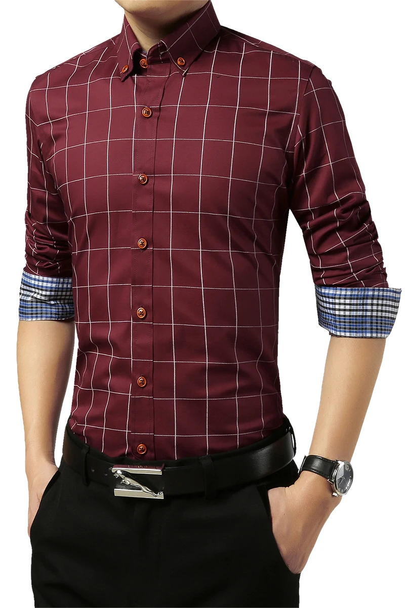 wine red 5XL Клетчатая Мужская рубашка с длинным рукавом и отложным воротником, мужская деловая одежда, модные Лоскутные Рубашки, Топы - Цвет: wine red