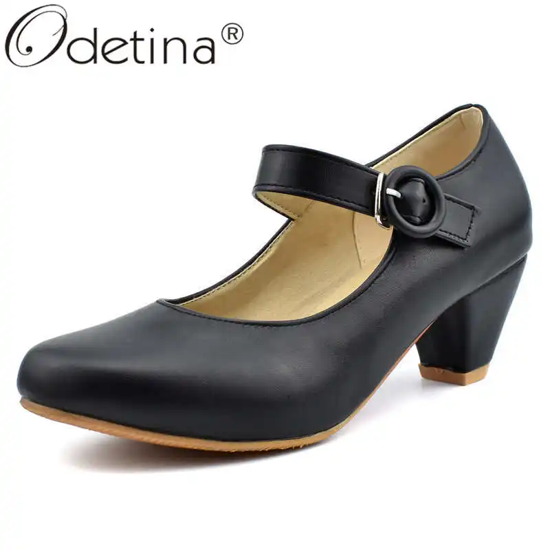 

Odetina Women Fashion Round Toe Block High Heel Casual Pumps Female Concise Sewing Non-slip Buckle Strap Retro Mary Janes Pumps