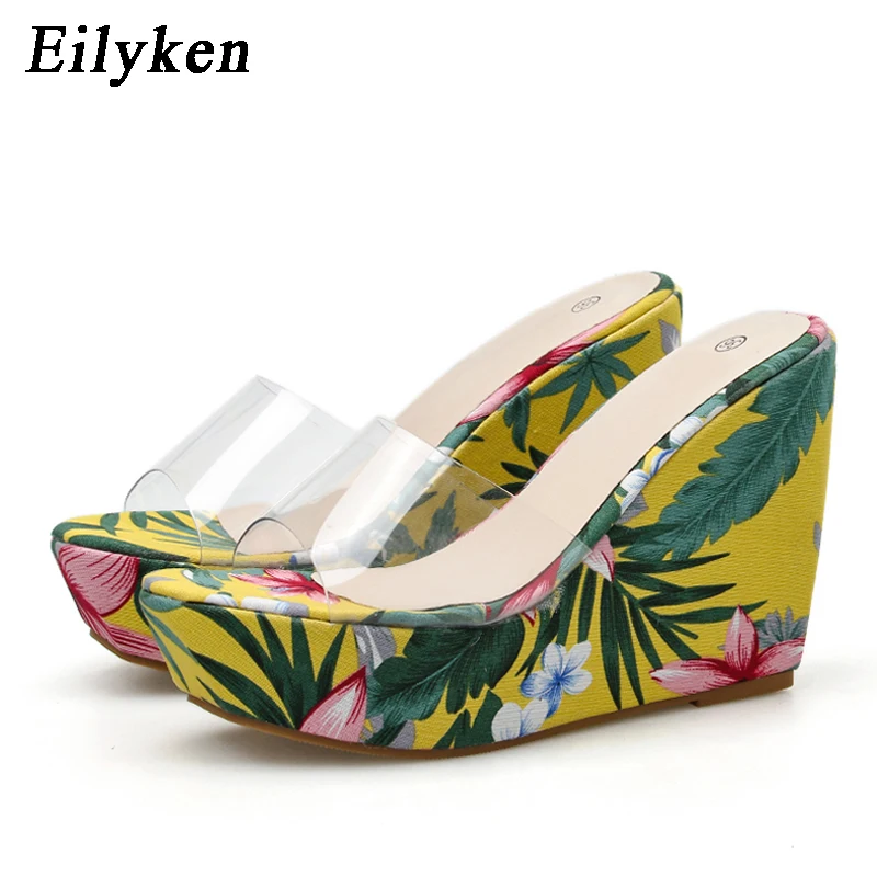 

Eilyken 2020 New Summer PVC Transparent Flower Platform Wedges Sandals Women Fashion High Heels Female Summer Shoes