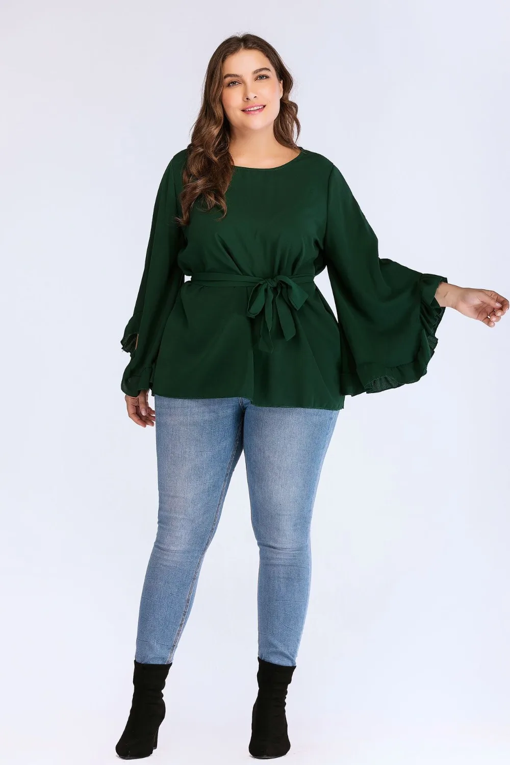 new autumn winter plus size tops for women long sleeve large cotton O neck casual loose T shirt belt green 4XL 5XL 6XL 7XL