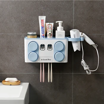 

Multifunction Bathroom Accessories Automatic Toothpaste Dispenser with Suction Cup Toothbrush Holder Wall Mount Shelf