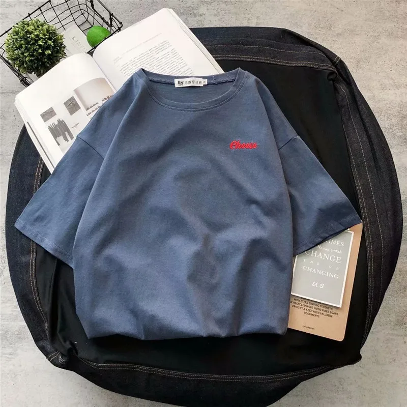 

Color letter embroidered short T men's loose version cotton short-sleeved T-shirt