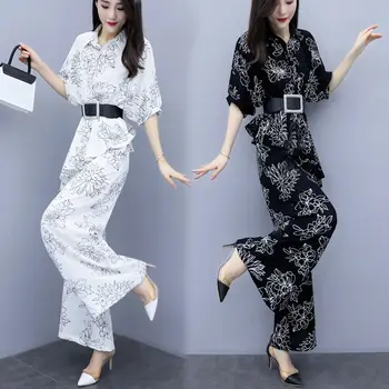 

2 Piece Woman Summer Set Blouse Wide Leg Pants Fashion Loose Outfit
