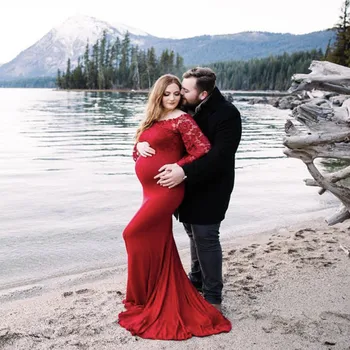 

New Maternity Dresses For Photo Shoot Lace Mercerizing Cotton One Word Lead Woman Tailing Even Clothes Longuette Pregnancy Dress