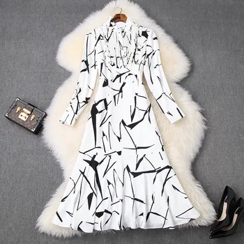 

New 2020 spring women elegant mermaid dress black white geometric print long sleeve ruched front sexy dresses