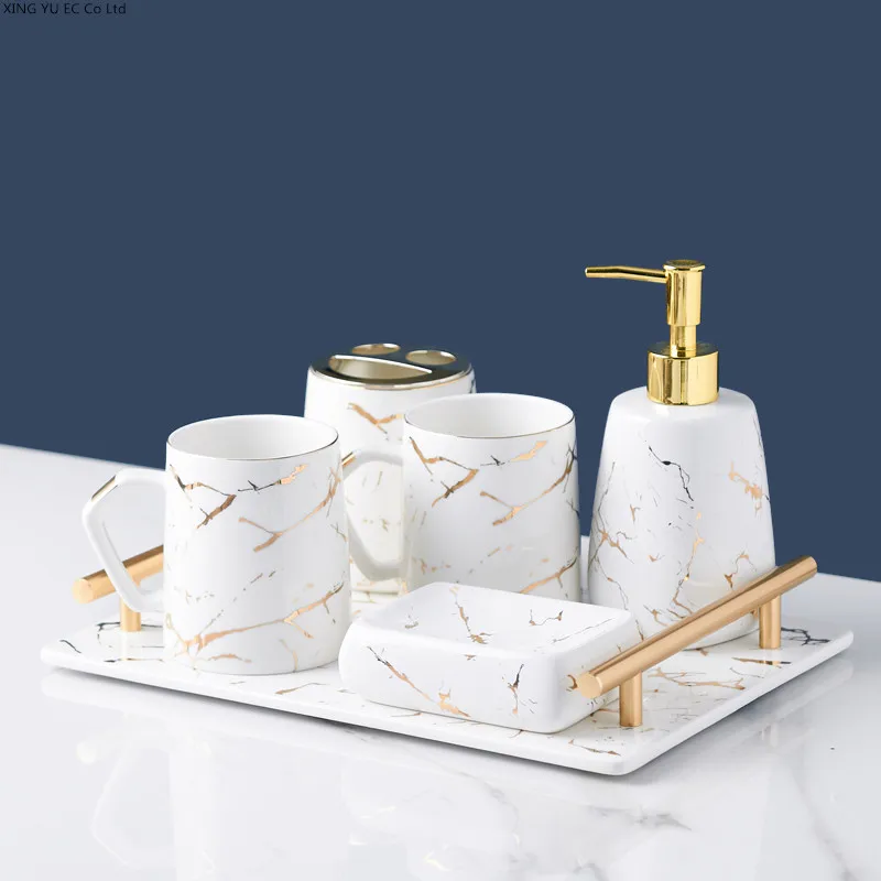 Golden Marble Toothbrush Holder Bathroom Supplies Ceramic Mouthwash Cup Soap Box Lotion Bottle