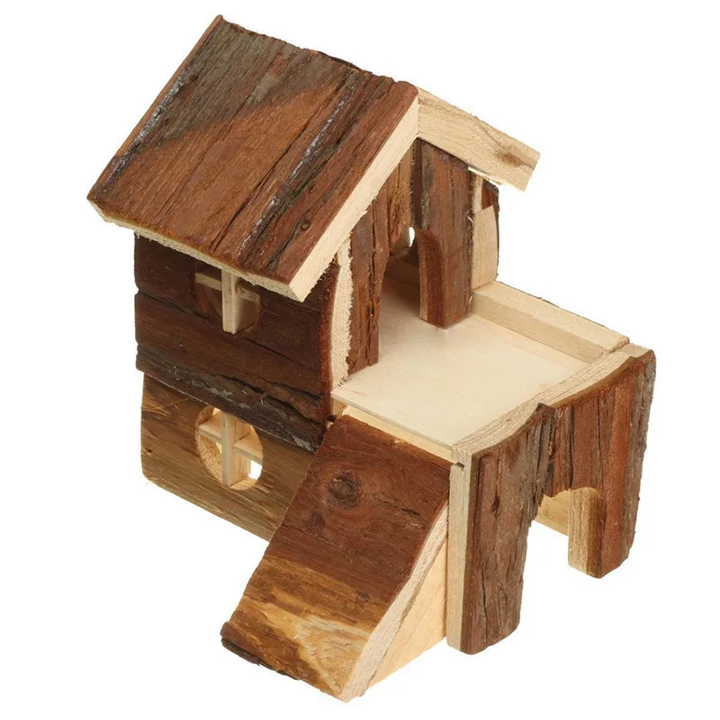 2 Pcs Wooden House Villa Cage Exercise Toys for Hamster Hedgehog Mouse Rat Guinea Pig, Double Hamsters House with Pipeline