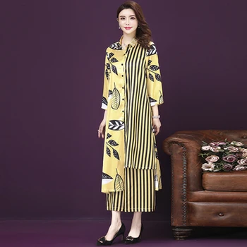 

2020 Women Wide Pant Two Sets Cardigan Dress Suit Loose Print Streetwear Ladies Dresses Vestidos Elegantes Plus Size 5xl 6xl