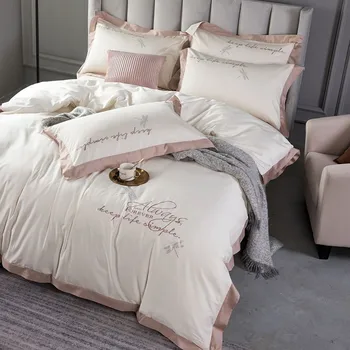 

Luxury Style 80s Long Stapled Cotton 4pcs Embroidery Solid Bed Duvet Cover Bed Sheet Pillowcase White Blue Grey Pink Brown Red