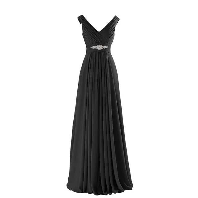 A Line Chiffon V Neck Crystals Eegant Off-Shoulder Formal Prom Wedding Party Bridesmaid Dresses Robe De Soiree Zipper Back Black