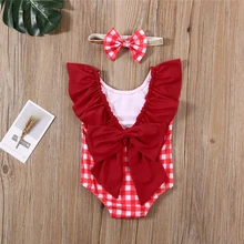 Летний купальник для маленьких девочек, Красный Клетчатый купальник, цельный бикини, монокини, 2 шт., пляжная одежда, купальный костюм, боди Летний купальник для маленьких девочек, Красный Клетчатый купальник, цельный бикини, монокини, 2 шт., пляжная одежда, купальный костюм, боди