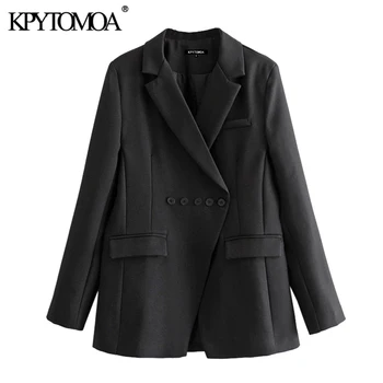 

KPYTOMOA Women 2020 Fashion Office Wear Oblique Breasted Blazer Coat Vintage Long Sleeve Pockets Female Outerwear Chic Tops