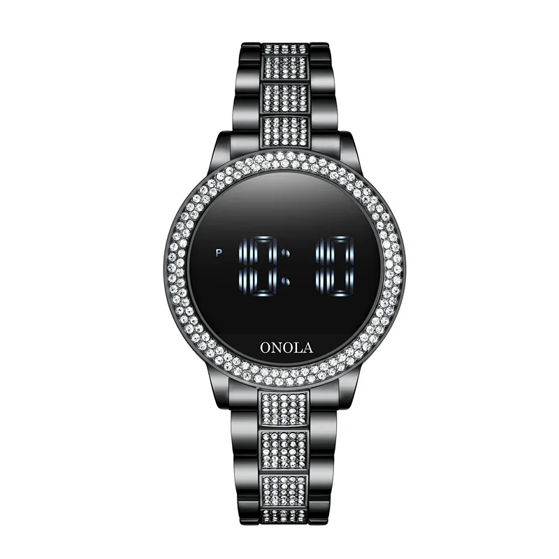 Fashion full diamond touch screen Led display ladies waterproof steel band quartz movement electronic watch business watch 