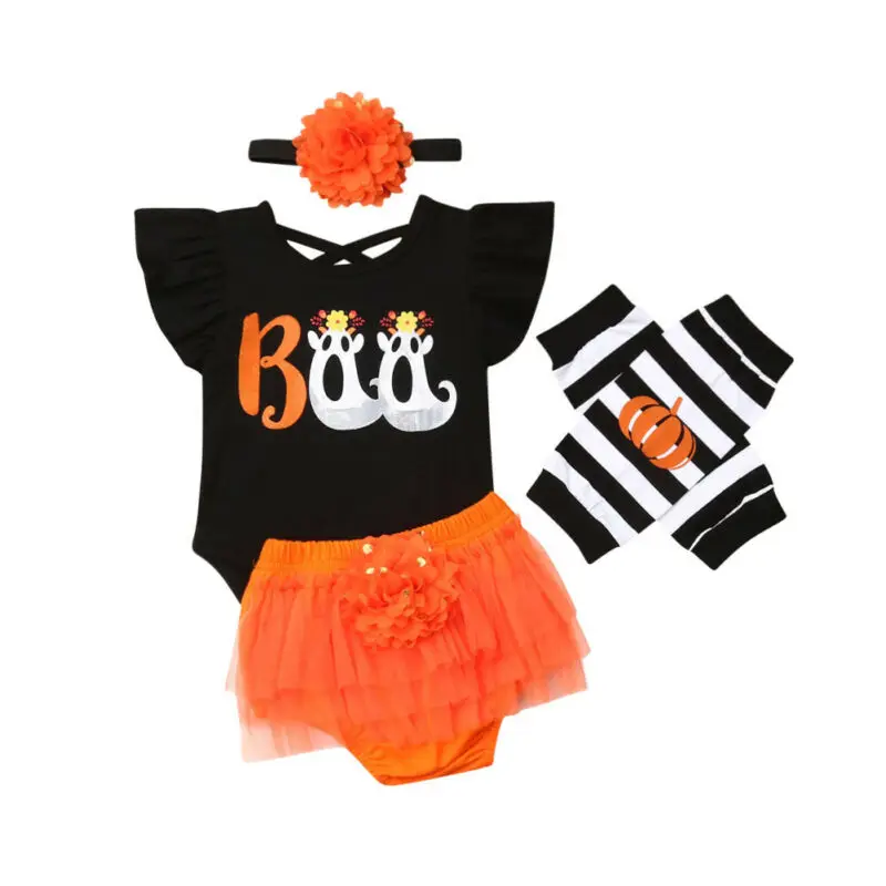 Halloween Newborn Baby Girls Clothes Sets Letter Print Romper Tops+Lace Ruffles Shorts +Headband+Leg Warmers | Детская одежда и