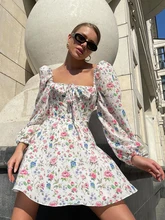 NewAsia Floral Dress Women Lantern Long Sleeve Ruched Print A Line Square Neck Tie up Mini Vestidos Sexy Chic Summer Beach Dress 