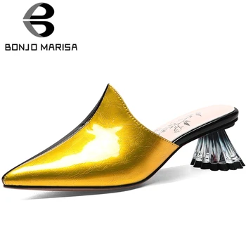 

BONJOMARISA Brand Fashion mixed-color Mules Genuine Leather Heels Mules Women Cool Summer Pointed Toe Dress Shoes Woman