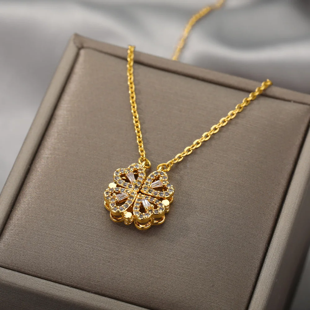 Magnet Heart Four Leaf Clover Pendant Necklaces For Women