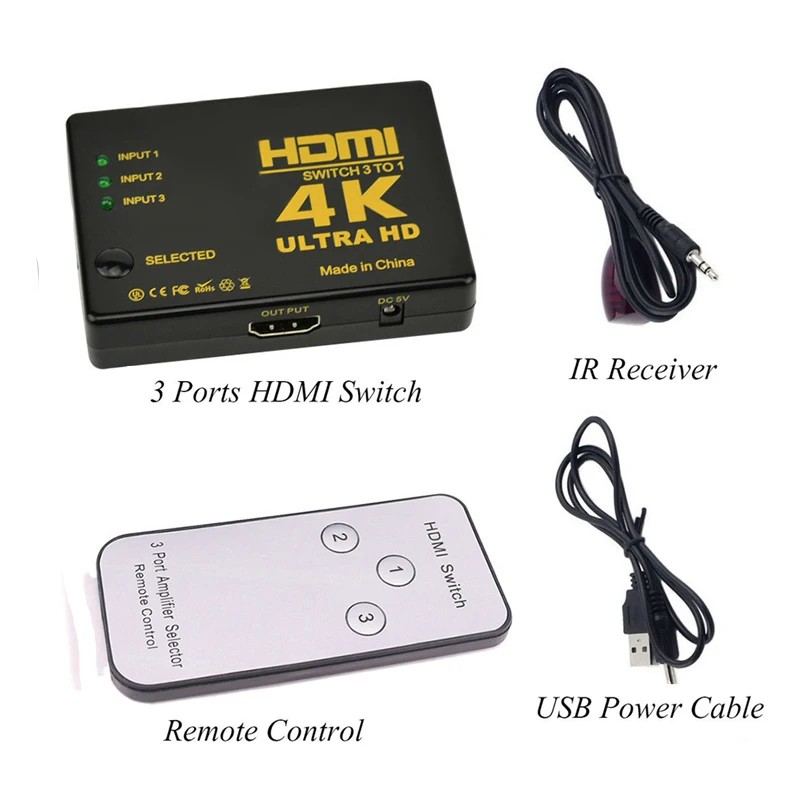 Full set 1080P 4K* 2K HDMI видео коммутатор HDMI сплиттер 3 входа 1 выход концентратор для DVD HDTV Xbox PS3 PS4 с ИК-пультом дистанционного управления - Цвет: Full set