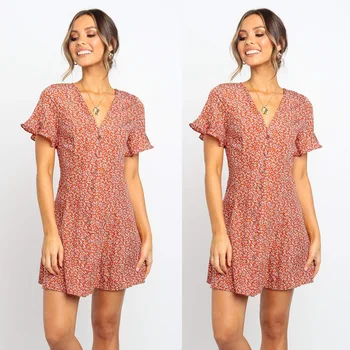 

BacklakeGirls Single-breasted V Neck Short Sleeve A Line Cocktail Dress For Woman Flower Printing Mini Dresses Vestido Coctel