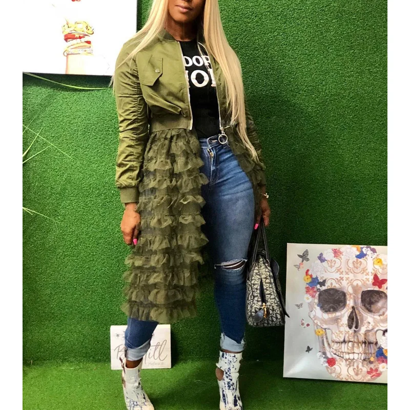 

2020 New Trendy Jacket Women Patchwork Mesh Pleated Design Coat Casual Outwear Ladies Solid Jackets Oversize Fashion 3XL