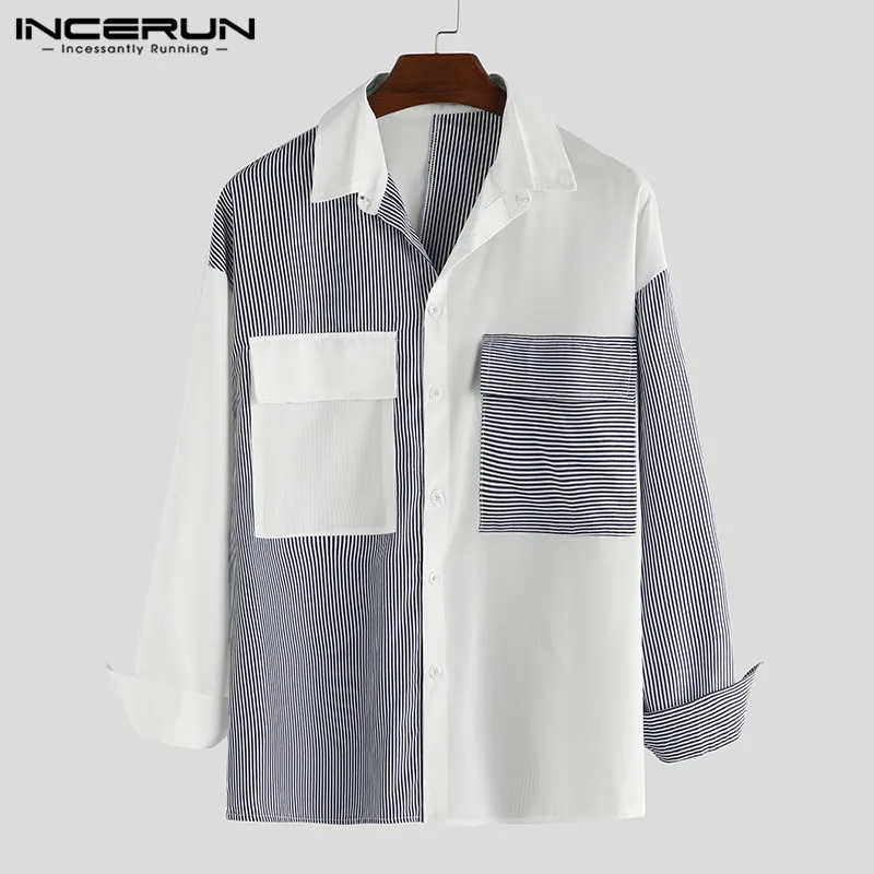 Модная мужская рубашка в полоску из кусков с длинным рукавом, свободная,, Camisa, уличная одежда, с карманами, с отворотом, шикарные повседневные рубашки, мужские S-5XL, INCERUN
