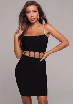 

2020 Summer Women Mini Club Dress Top Quality Lady Spaghetti Strap Square Collar Sleeveless Cut Out Black Bodycon Bandage Dress