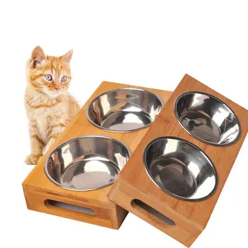

Pet Cat Double Bowl Solid Wooden Dish Rack Cat Feeding Bowl Bamboo Plate Dining Table Cat Stainless Steel Water Bowl