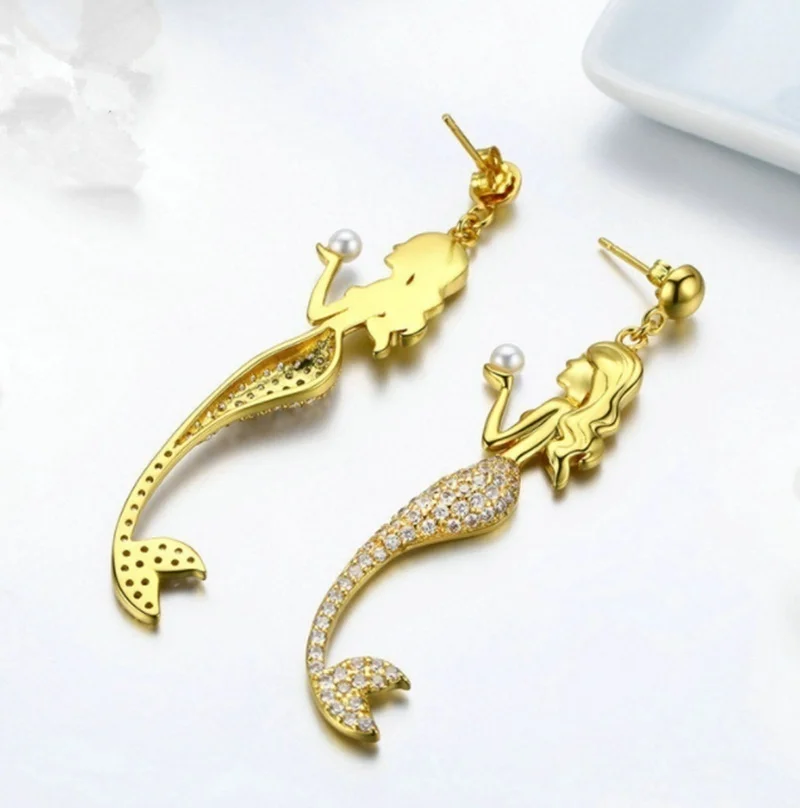 Sweet and romantic inlaid zircon mermaid long earrings for ladies exquisite fashion jewelry