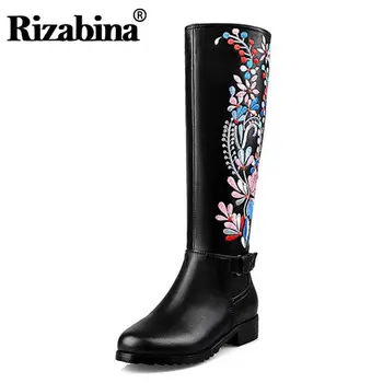 

RIZABINA Women Real Leather Med Heel Knee High Winter Boots For Women Embroidery Flower Brand Shoes Women Warm Bota Size 34-39