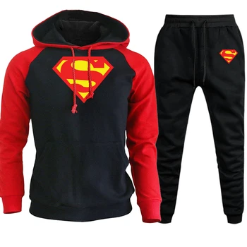 

Superman Printed Raglan Men Hooded Stretewear Autumn Winter 2019 New Casual Pullover Fleece Suit Male Hoodie+Pants 2 Piece Set