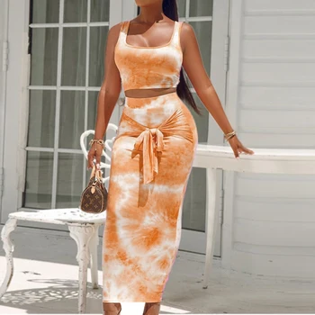 

Women's Tie-dye 2Pieces Sets Summer Boho Casual Sleeveless Bloom Crop Top Party Beach Sets Yellow Size S