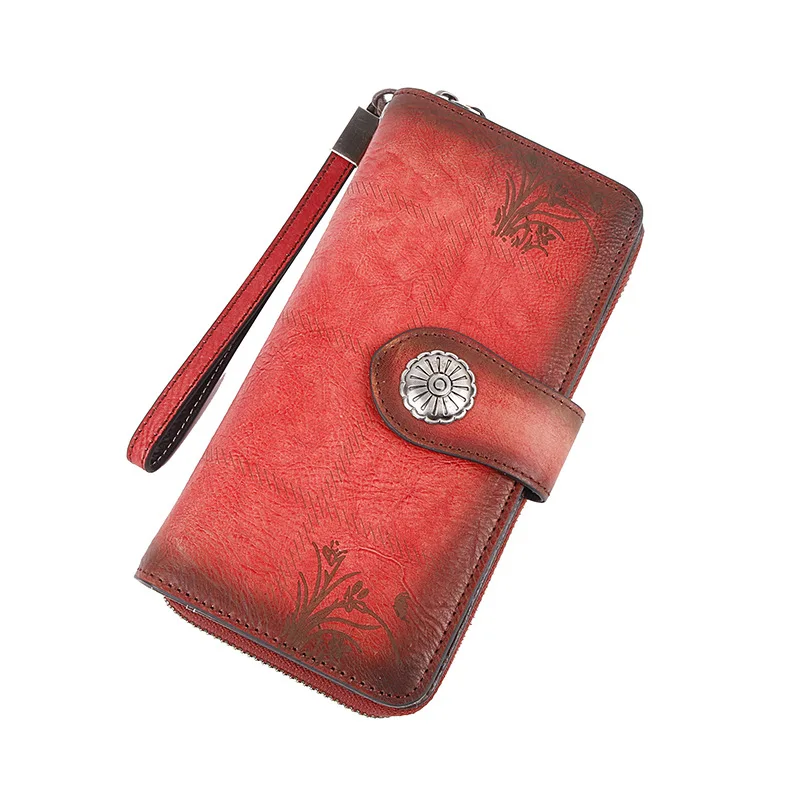Стильный винтажный женский кошелек на молнии, кожаный кошелек ручной работы - Цвет: old-style red