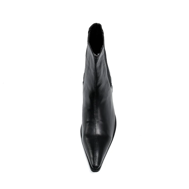 British Style Mens Chelsea Boots Leather Ankle Boots Pointed Toe Slip On Men High Fashion Elastic High Heel Work