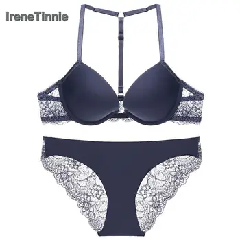 

IRENE TINNIE Fashion Sexy Womens Lace Bra Set Jacquard Push Up Underwear Front buckle Bras Without Steel Ring Elegant Romantic