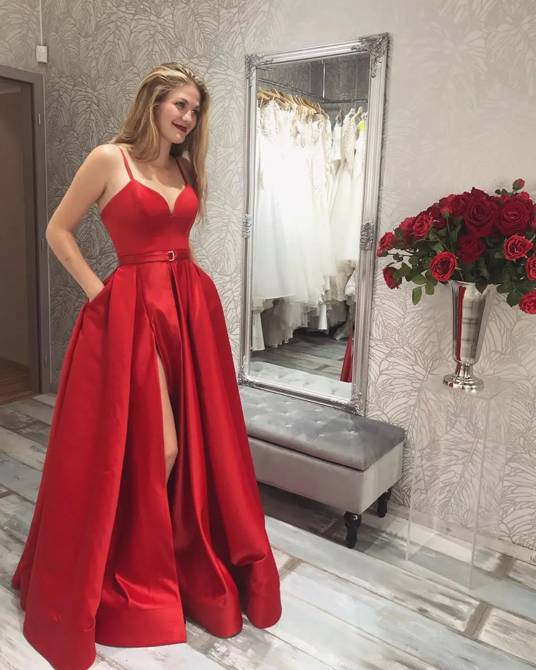 vestido de noche Red Satin Spaghetti Strap Slit Prom Dress Plus Size Women Party Gowns A Line Floor Length Evening Party Dresses dark green prom dress