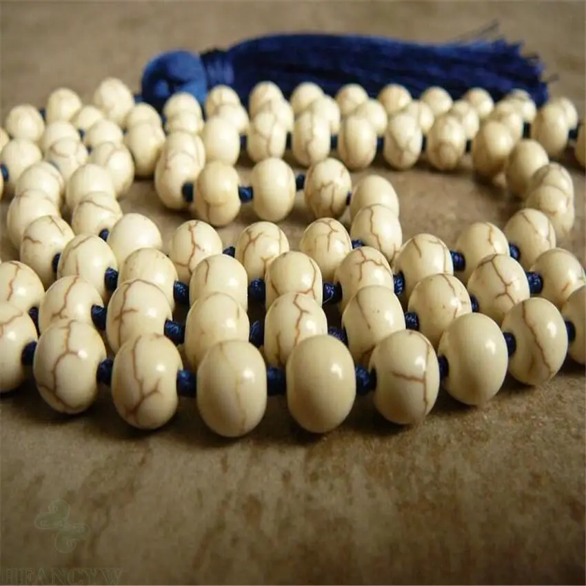 

6mm Natural Howlite blue tassel 108 Beads Mala Necklace Reiki Gemstone Tibet silver pray Wrist energy Lucky Buddhism cuff yoga