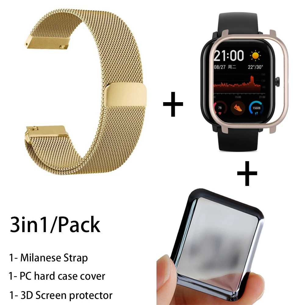 3в1 металлический Миланский ремешок для Xiaomi Amazfit GTS чехол металлический браслет для Huami Amazfit GTS Band 3D Защитная пленка для экрана - Цвет: gold-champagne