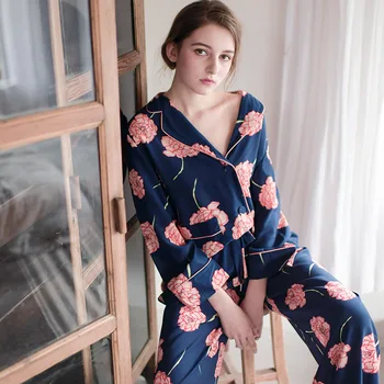 

Pajamas Autumn Women's Long Sleeve Pants Silk Spring and Autumn Thin Ice Silk Loose Home Clothes Women Xia Han Version Sweet