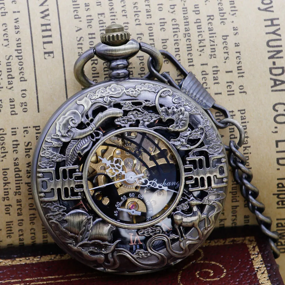 

5pcs Retro Hand Wind Mechanical Pocket Watch Hollow Skeleton Dial Fashion Fob Chain Pocket Watch For Men Women PJX1312