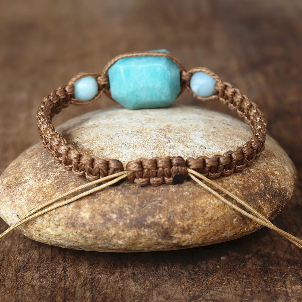 Natural Amazonite Stone Beads Bracelet Men Stainless Steel Clasp Bangle Jewelry 
