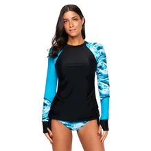 Женский Рашгард с длинным рукавом и геометрическим принтом, рубашка с боковыми завязками, цветной блок, два предмета, танкини, купальник 410485