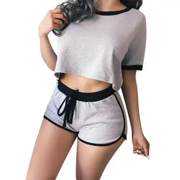 

2Pcs Womens Tracksuit Sweatshirt Crop Top Short Pants Sets Sport Wear Casual Suit Summer