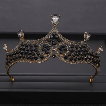 

Vintage Wedding tiara Gold Alloy Black Baroque Crystal Rhinestone Headpiece Queen Crown for Bridal Hair Accessories Hair Jewelry
