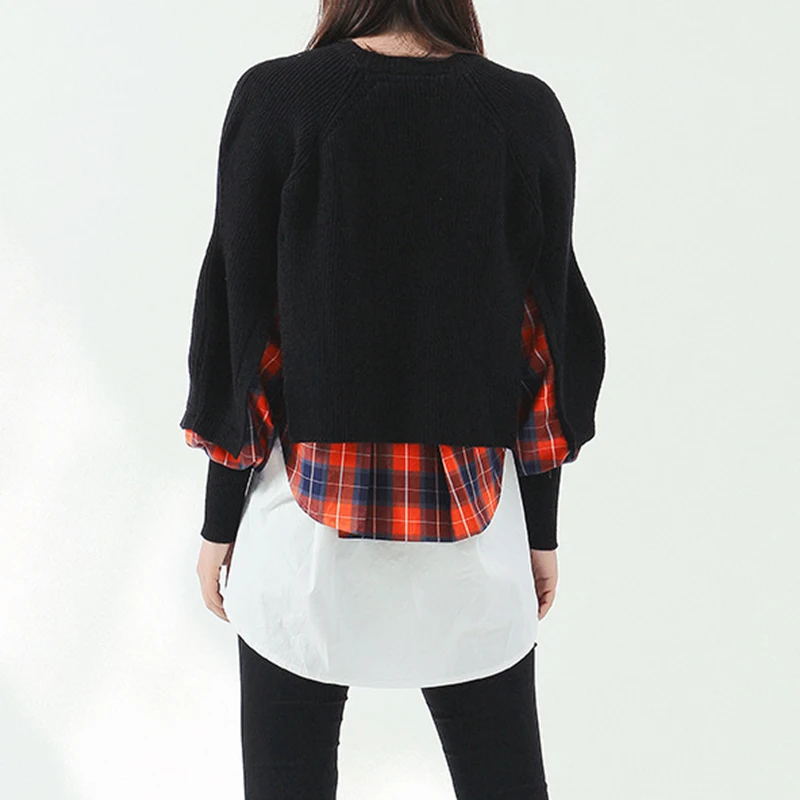 TWOTWINSTYLE Patchwork Striped Plaid Sweater For