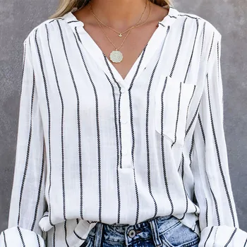

Striped Single Breasted V-Neck Women's Shirts Summer Long Sleeve Ladies Shirt 2020 Spring Fashion Casual Female Tops Elegant