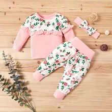 Комплект одежды из 3 предметов для маленьких девочек, топы с длинными рукавами и цветочным рисунком для новорожденных, штаны, наряды осенне-зимний комплект для маленьких девочек, Babykleding Meisjes