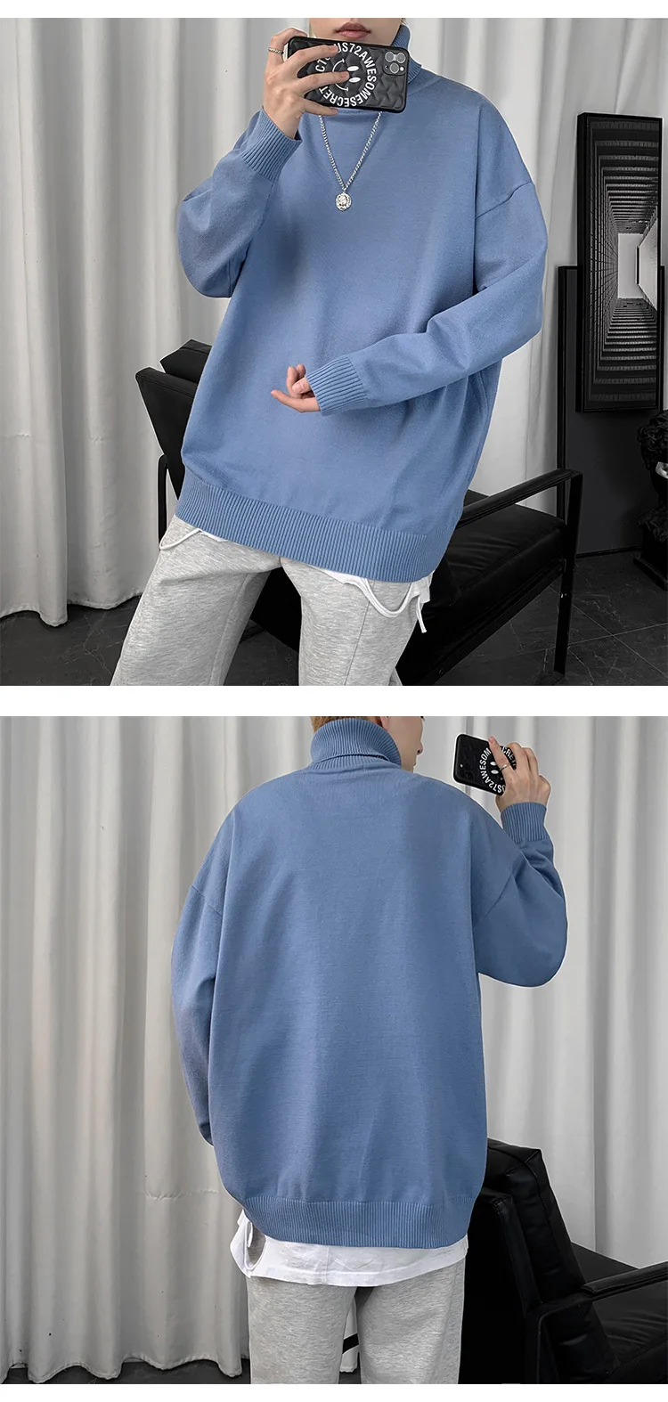 Korean Fashion Solid Color Men Sweater High Neck Turtleneck Sweaters Men Casual Clothes Autumn Winter Tops Oversized Sweaters vintage sweaters mens